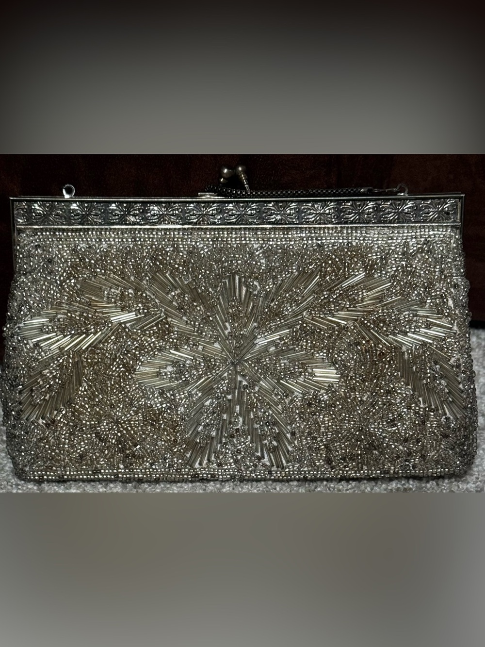 Embellished Silver Beaded Evening Clutch